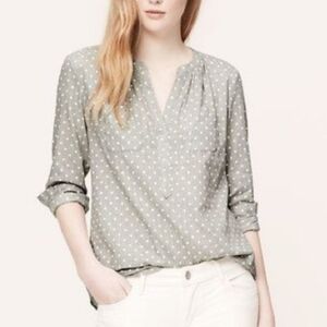 Loft Gray Polka Dot Blouse Henley Style